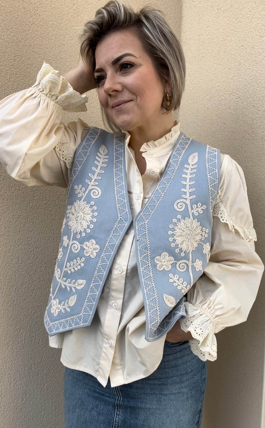 Veste sans manches bleu/écru