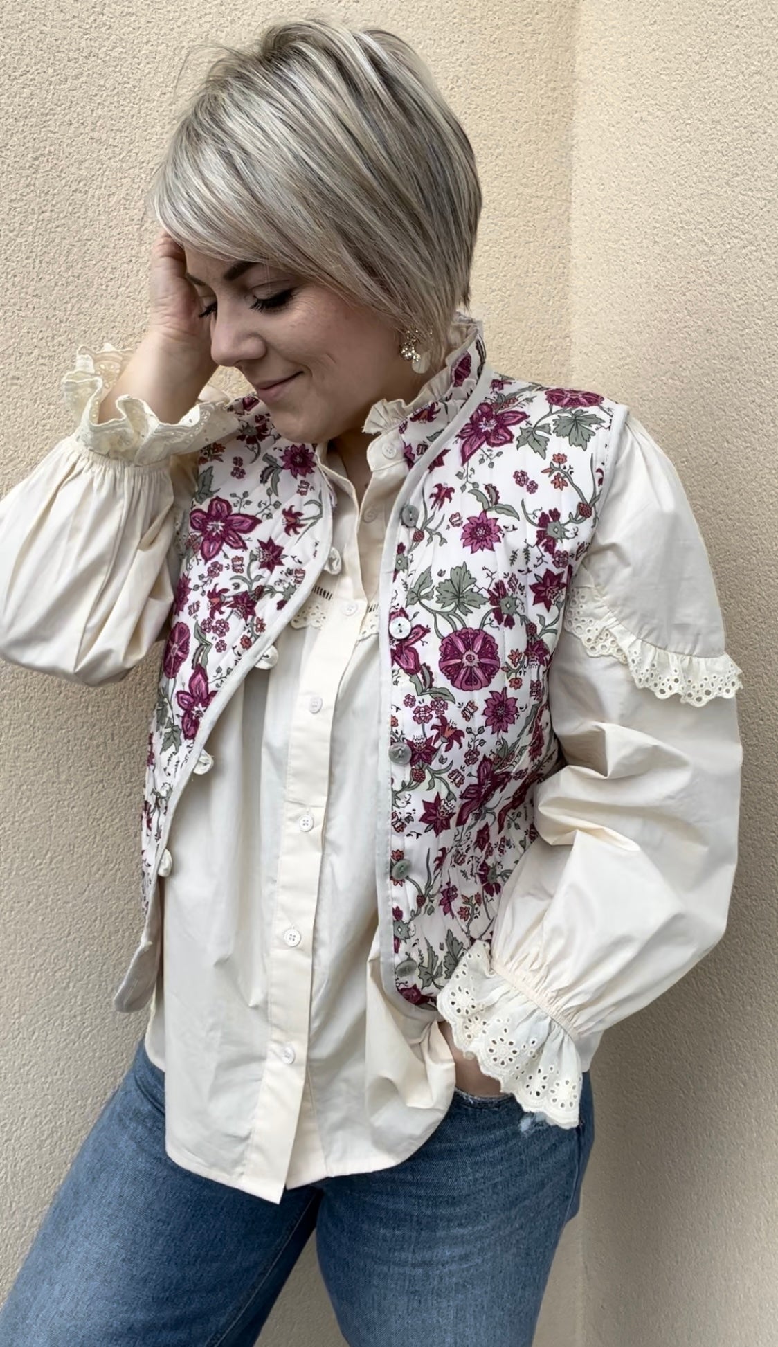 Veste sans manches fleuris rose