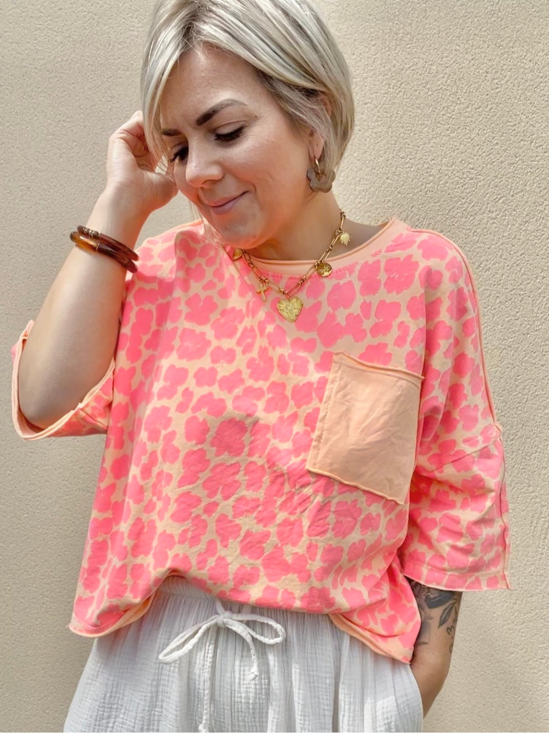 Top leopard corail/rose fluo