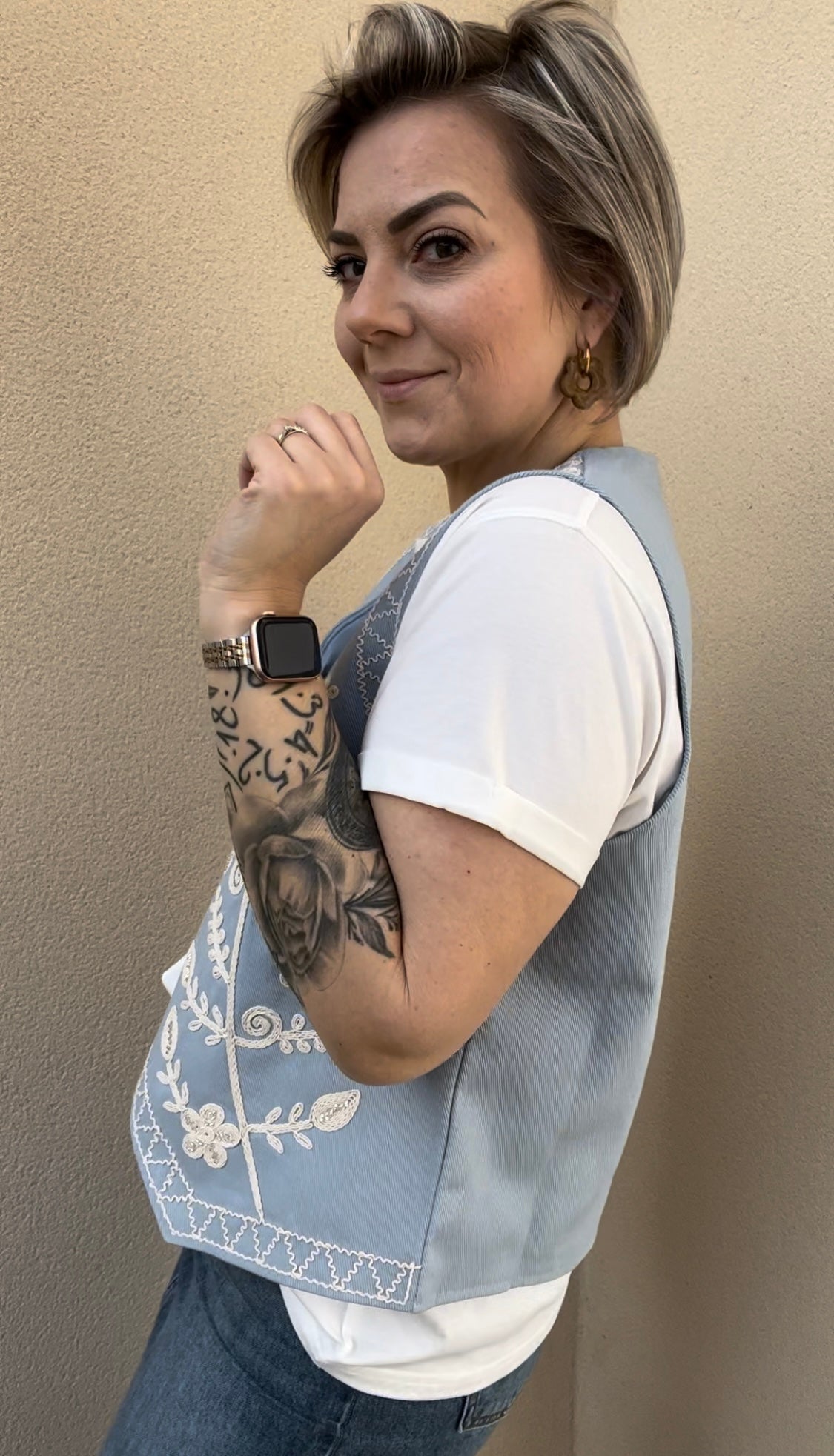 Veste sans manches bleu/écru