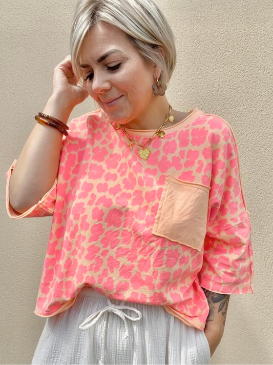 Top leopard corail/rose fluo