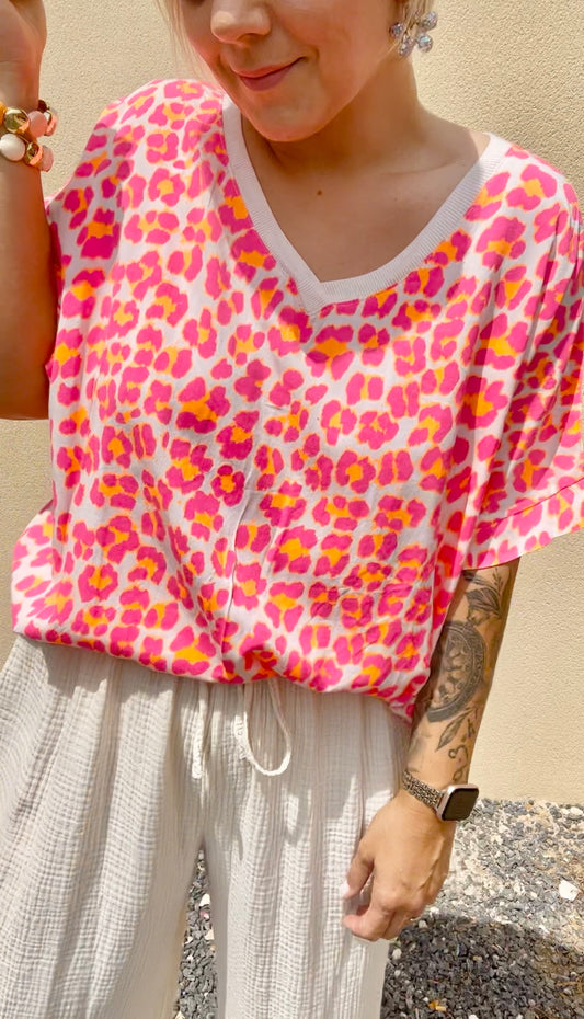 Tee-shirt leopard rose/orange fluo