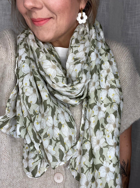 Foulard fleurs kaki/vert d’eau