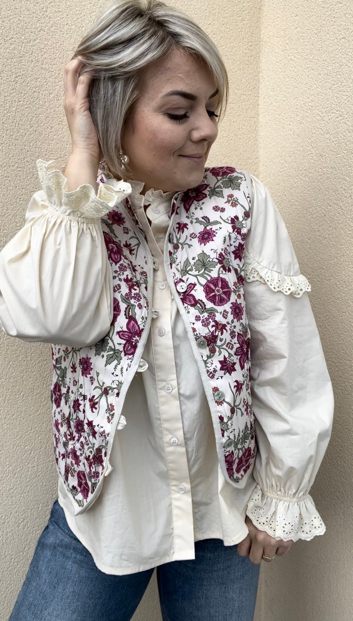Veste sans manches fleuris rose