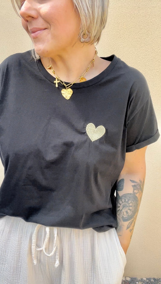 T-shirt noir coeur doré