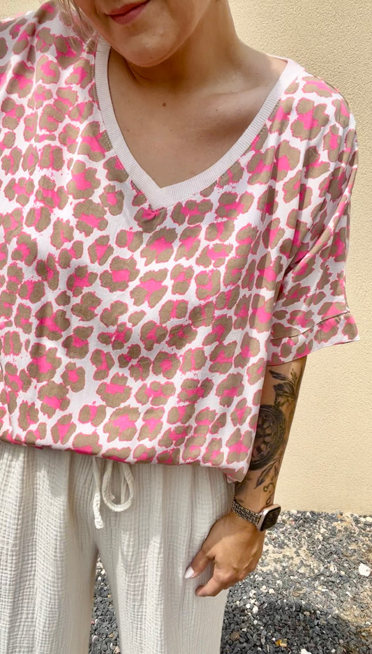 Tee-shirt leopard beige/rose fluo