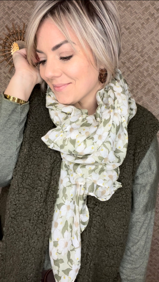 Foulard fleurs kaki/vert d’eau